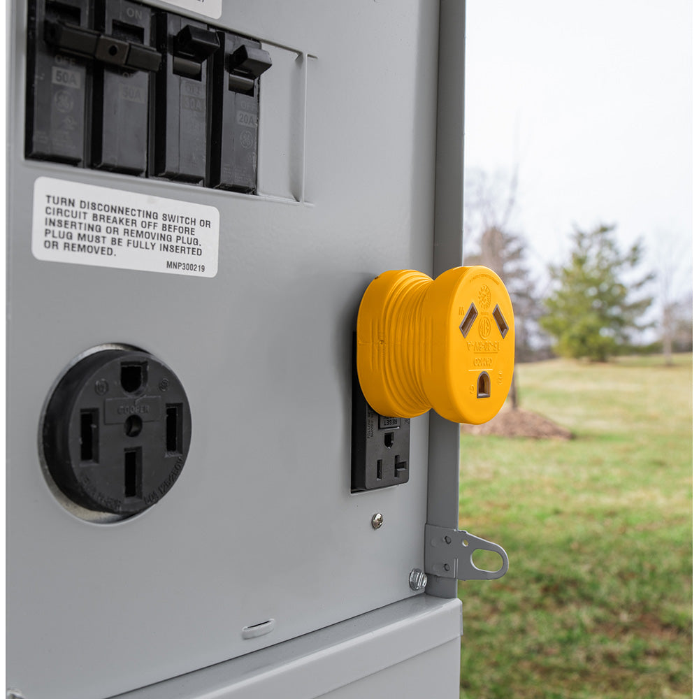 Camco Power Grip RV Adapter with 15Amp male and 30Amp female connectors for secure electrical connections.