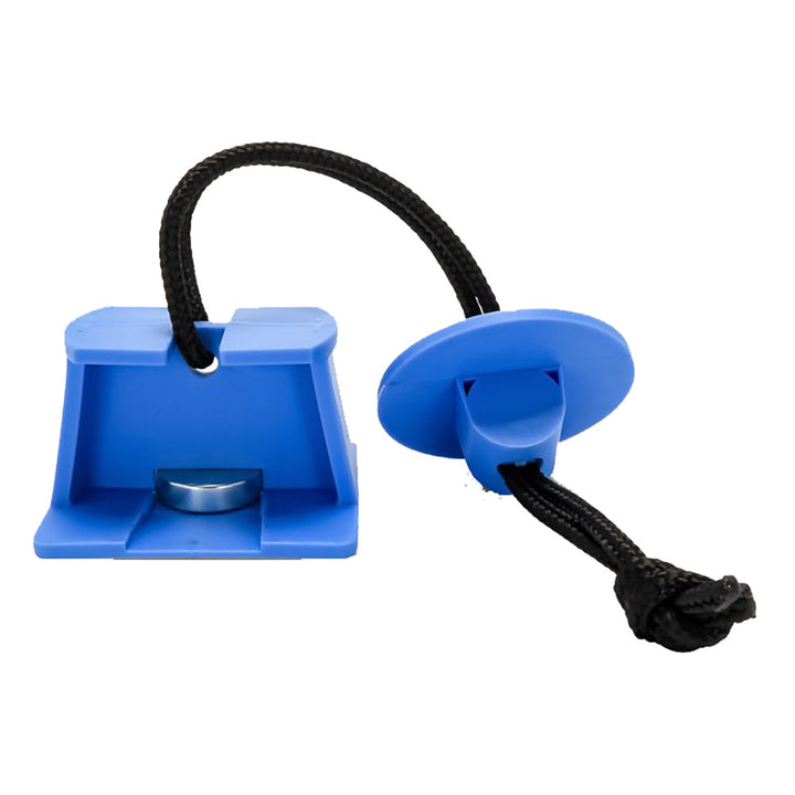 Camco RV fridge door block accessory, small plastic device preventing fridge door from opening, ideal for travel and storage.