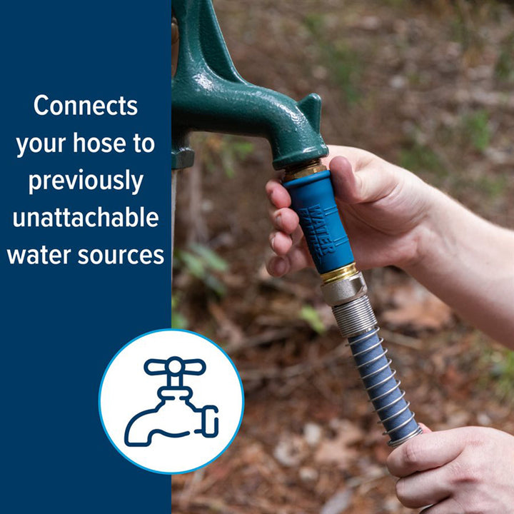 Camco Water Bandit accessory for hoses, shown in black with adjustable clamp and rubber seal for secure water connections.