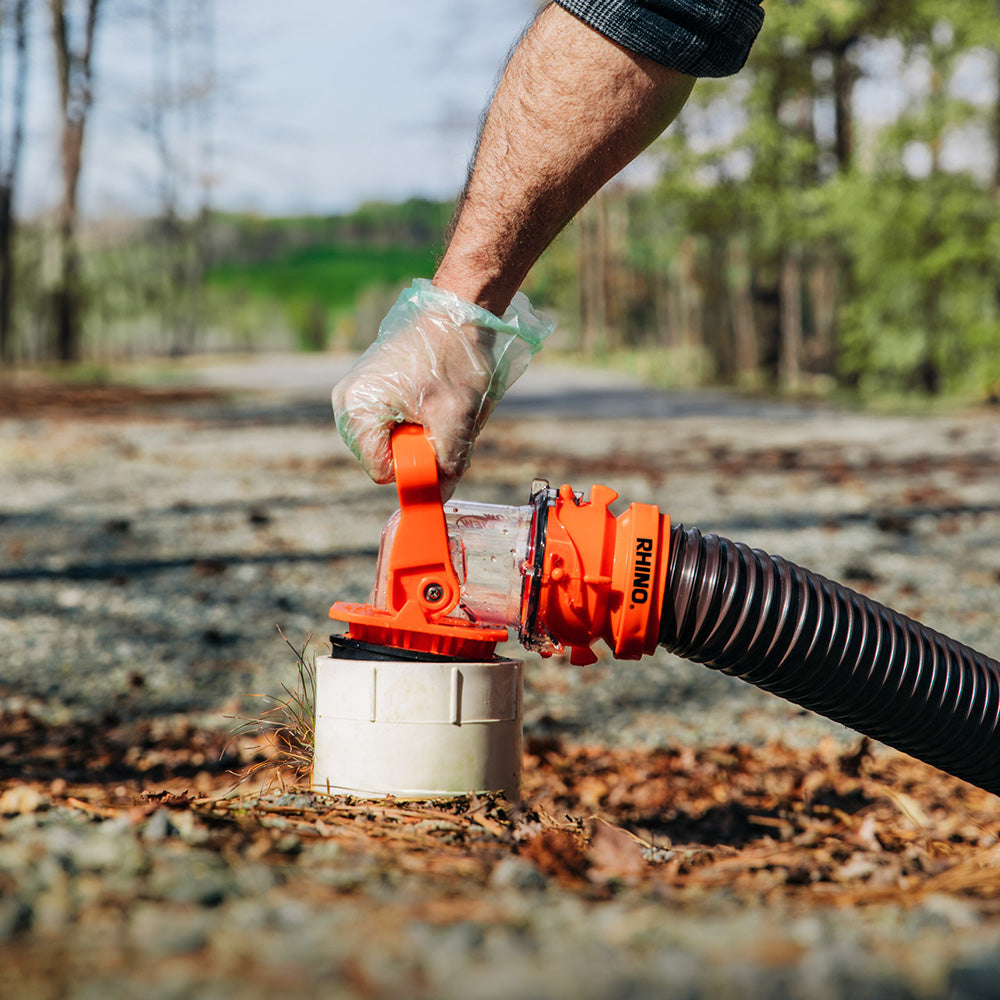 Camco Rhino Sewer Adapter PRO for sanitation, black plastic with hose connection, designed for RV waste management.