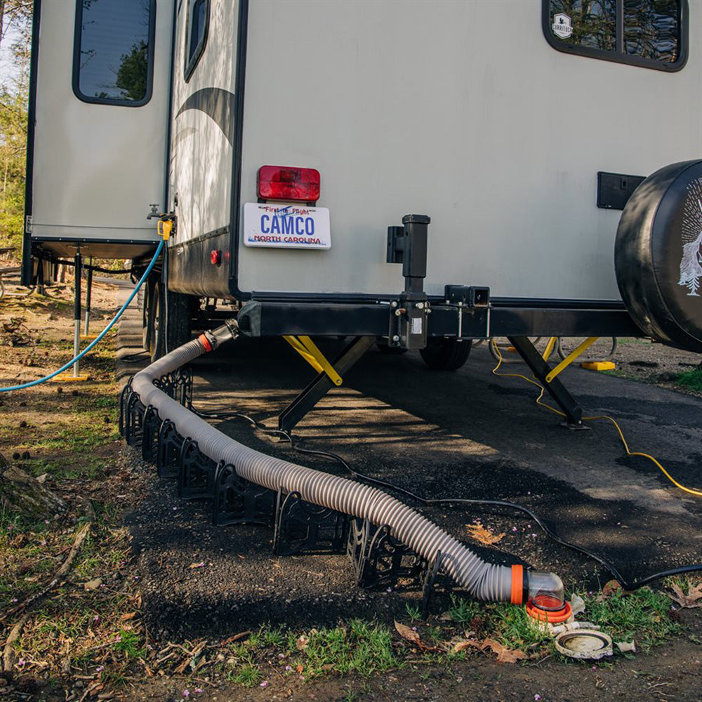 Camco Rhino X RV 20-foot sewer hose kit with pre-attached 360-degree swivel fittings for sanitation and waste management.