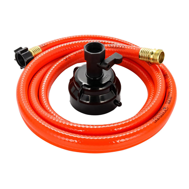 Camco RhinoFlex 10 sanitation clean-out hose with rinser cap, 5/8-inch diameter, flexible and durable for RV waste management.