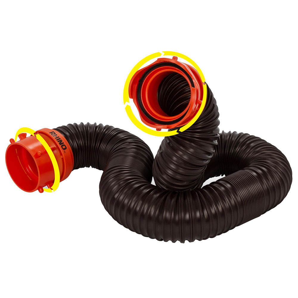 Camco RhinoFLEX 5 sewer hose extension with swivel bayonet lug, sanitation product designed for RV waste management.