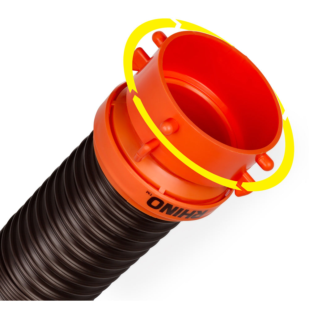 Camco RhinoFLEX 5 sewer hose extension with swivel bayonet lug for sanitation, shown with flexible hose and locking fittings.