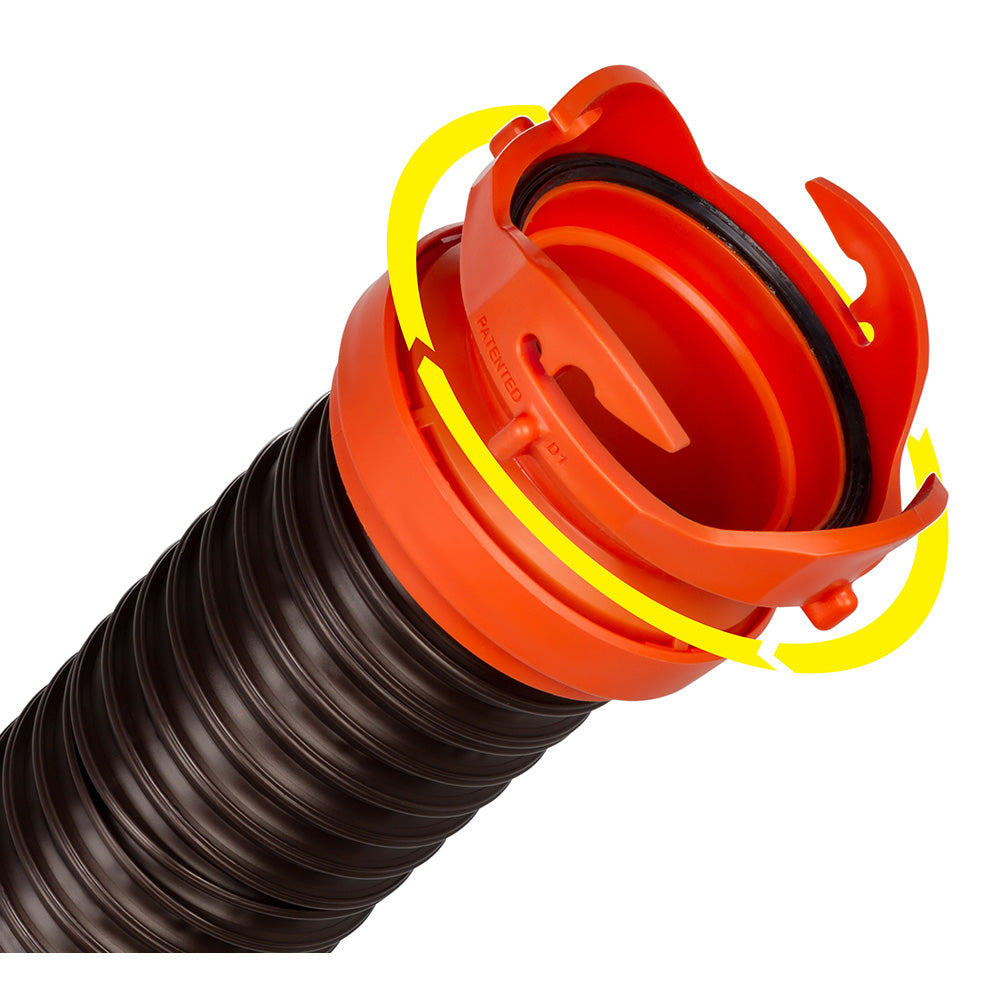 Camco RhinoFLEX 5 sewer hose extension with swivel bayonet lug for sanitation, shown in a close-up view of the flexible hose and fittings.