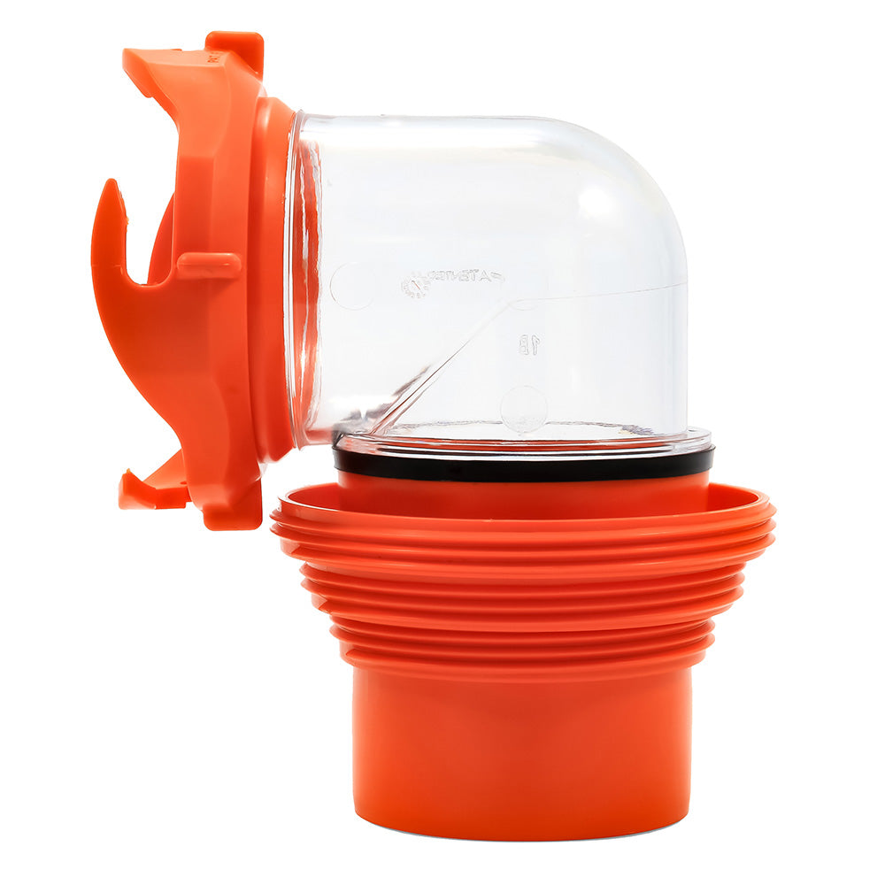 Camco RhinoFLEX 4-in-1 sanitation elbow adapter with swivel bayonet fitting for RV waste connection and plumbing compatibility.