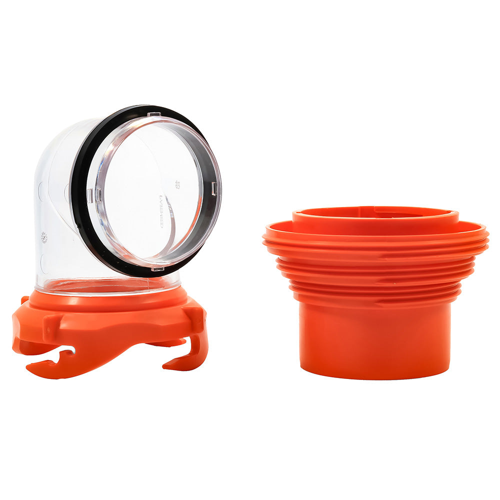 Camco RhinoFLEX 4-in-1 sanitation elbow adapter with swivel bayonet fitting for RV waste hose connections.