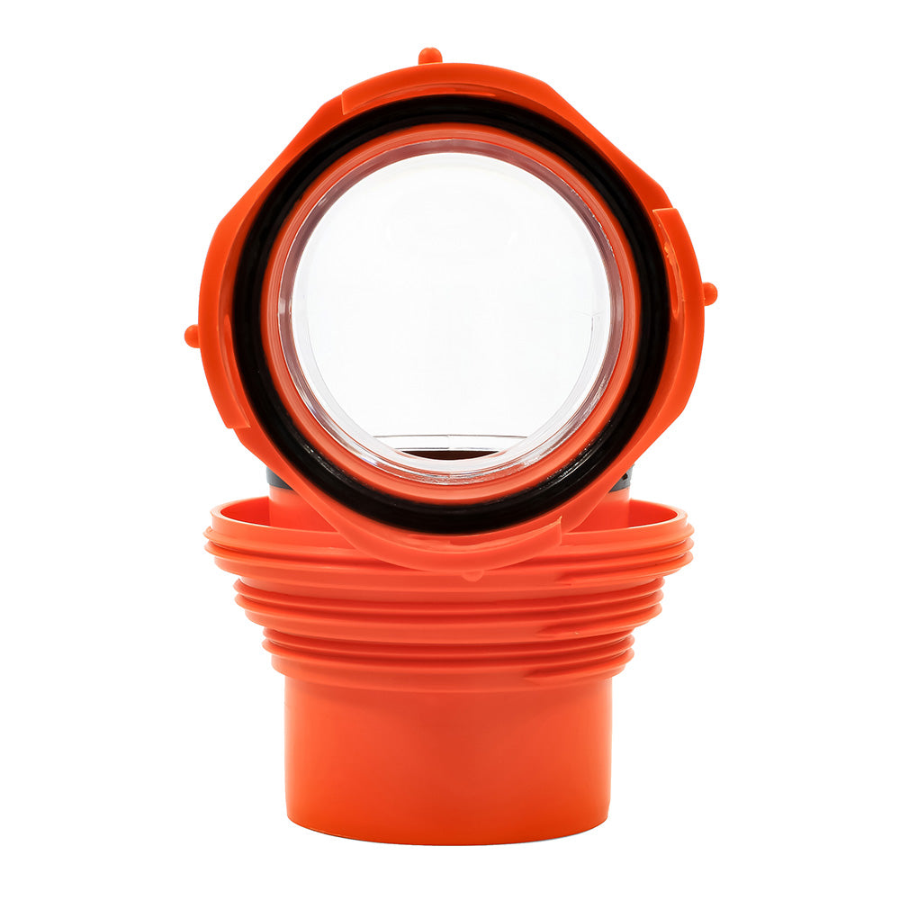 Camco RhinoFLEX 4-in-1 sanitation elbow adapter with swivel bayonet fitting for RV waste hose connections.