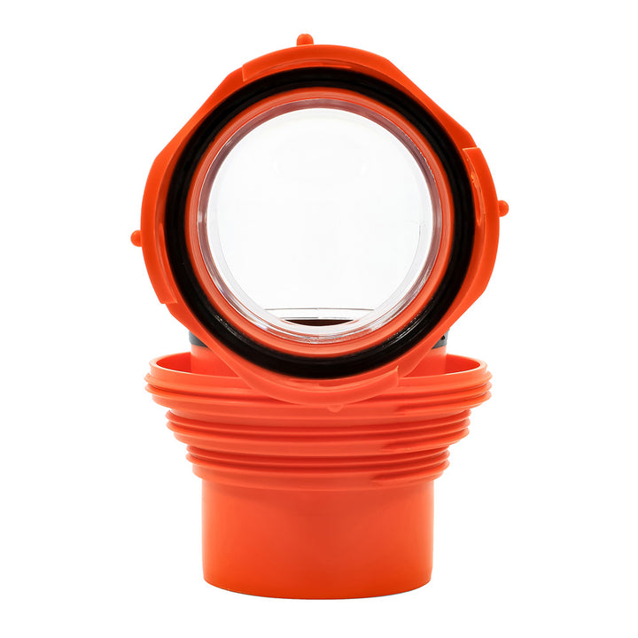 Camco RhinoFLEX 4-in-1 sanitation elbow adapter with swivel bayonet fitting for RV waste hose connections.