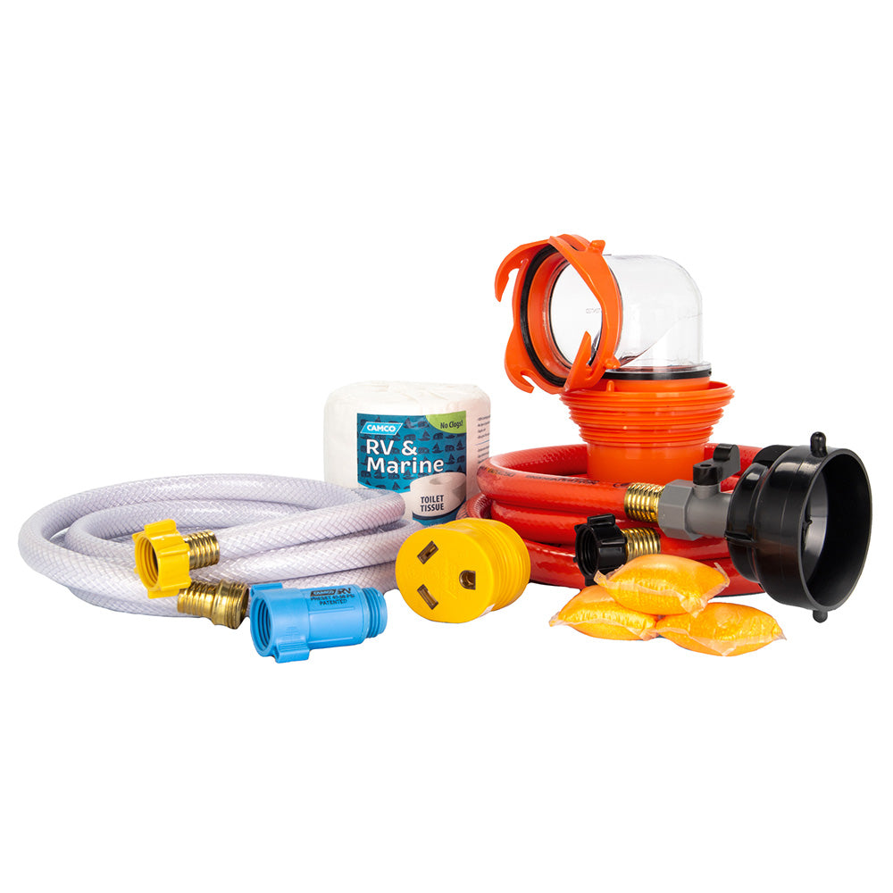 Camco Ultimate RV Sanitation Starter Kit with hoses, adapters, and cleaning supplies for RV sanitation and maintenance.