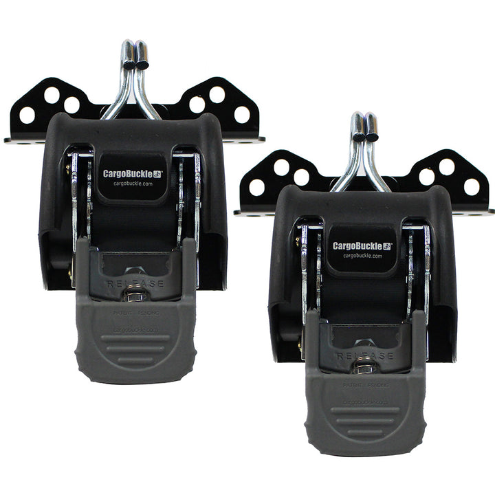 CargoBuckle universal ladder rack tie-down system with two 2-inch retractable tie-downs, shown in black with hooks and straps.