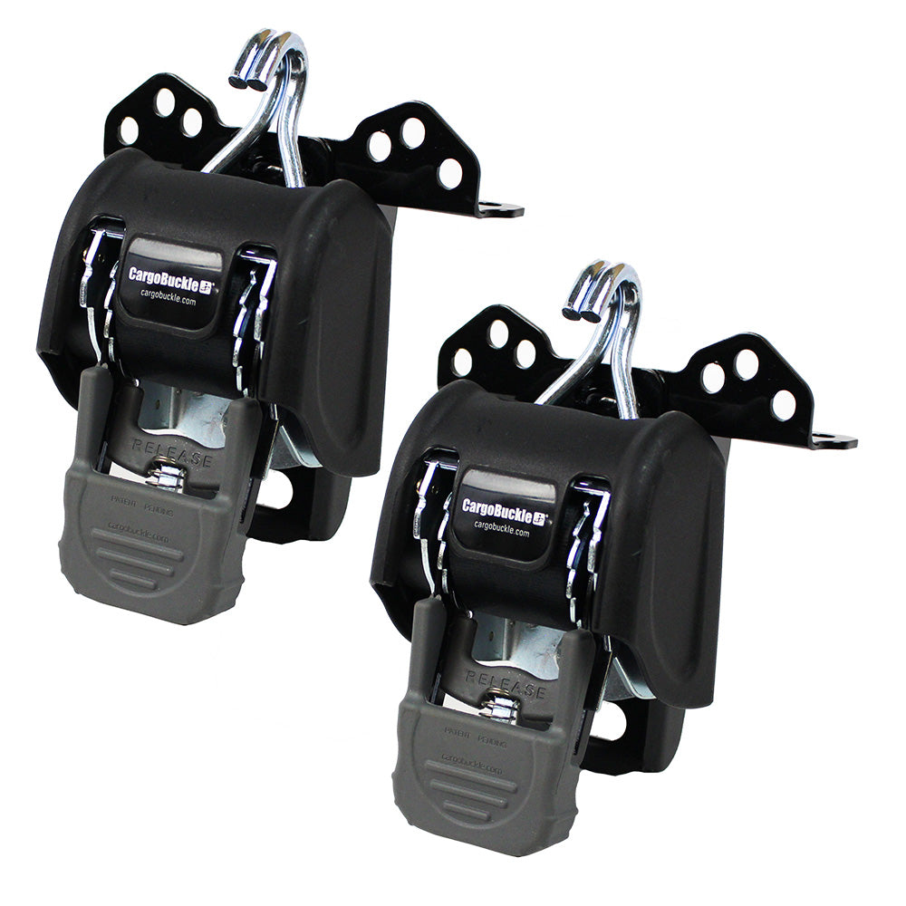 CargoBuckle Universal Ladder Rack Tie-Down System with 2-inch retractable tie-down straps, shown as a pair ready to secure loads.