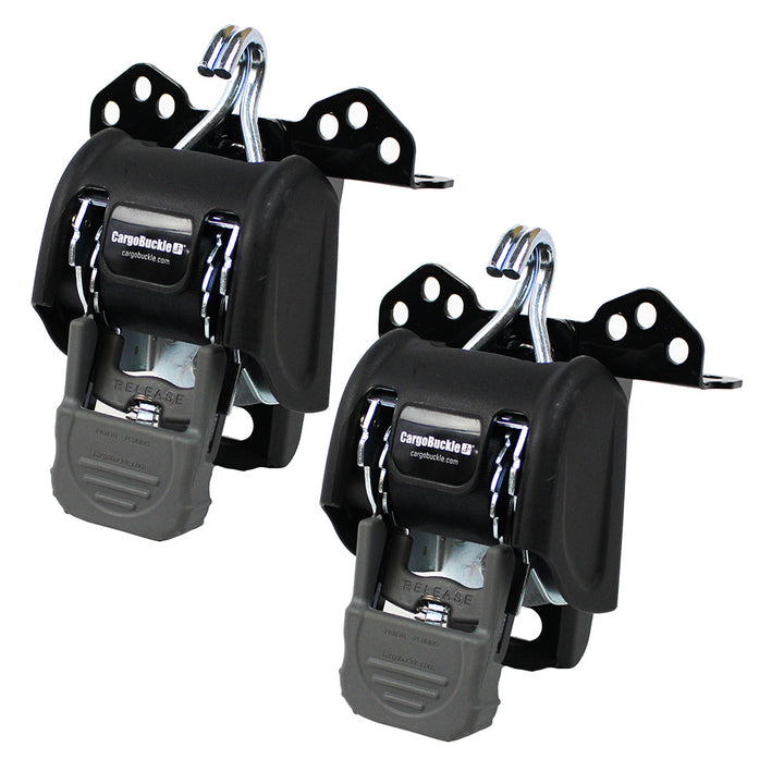 CargoBuckle Universal Ladder Rack Tie-Down System with 2-inch retractable tie-down straps, shown as a pair ready to secure loads.