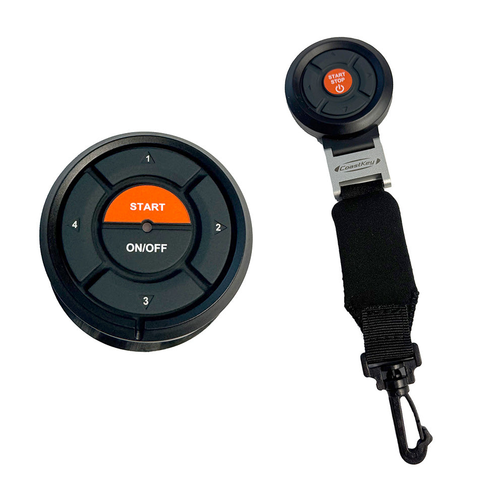 CoastKey Premium Plus twin Mercury engine keyless ignition system with remote stop/start, eco trim, and tilt features for boat safety.