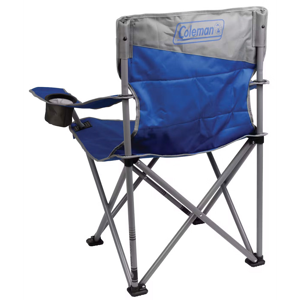 Blue Coleman Big Tall Quad Camping Chair with sturdy frame and padded armrests, designed for outdoor camping and comfort.