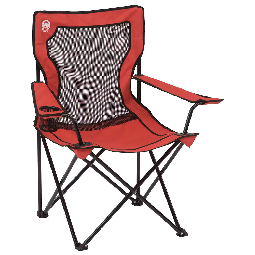Red Coleman Broadband Mesh Quad Chair for camping, featuring breathable mesh fabric and sturdy frame for outdoor seating.
