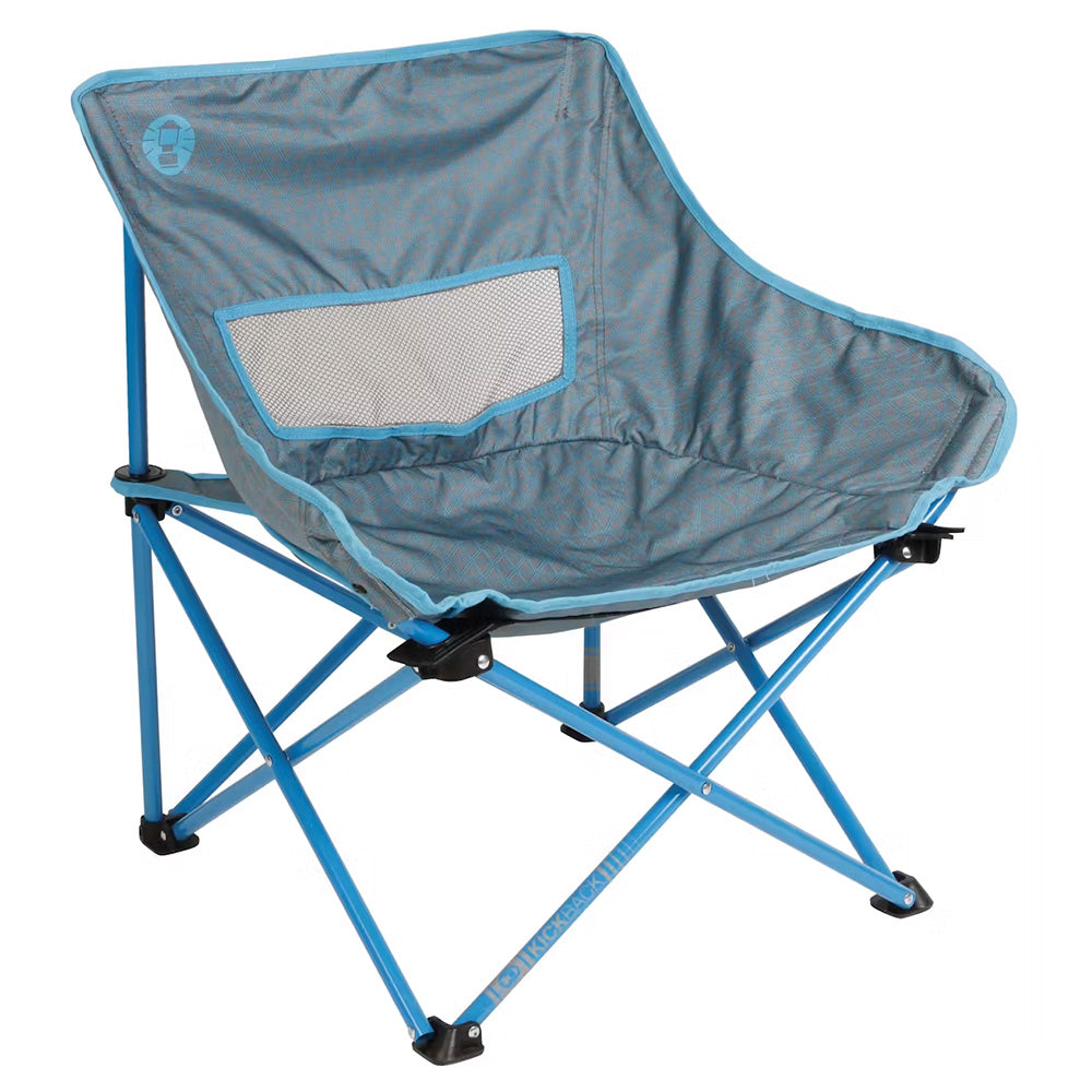Blue Coleman Kickback Breeze camping chair with armrests and mesh back for comfortable outdoor seating.
