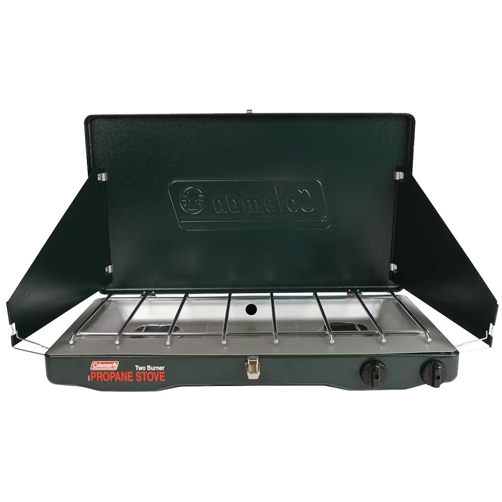 Coleman PerfectFlow 2-burner camping stove with black control knobs and stainless steel surface for outdoor cooking.