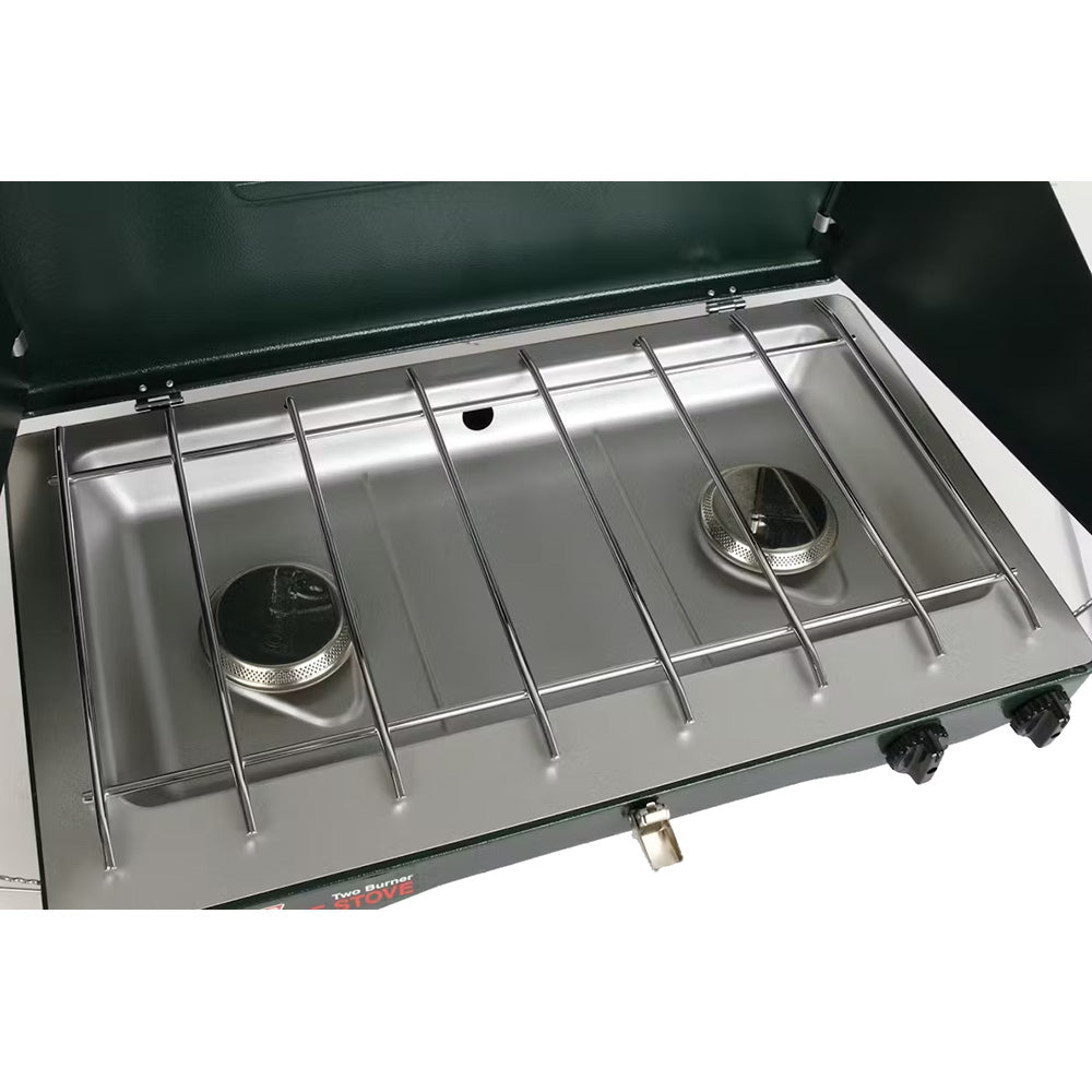 Coleman PerfectFlow 2-burner camping stove with metal burners and control knobs, ideal for outdoor cooking.