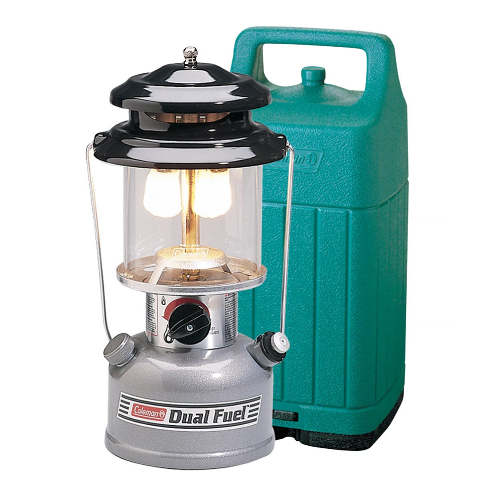 Coleman Premium Dual Fuel Lantern with case, portable camping lantern for outdoor lighting, featuring a sturdy handle and bright illumination.