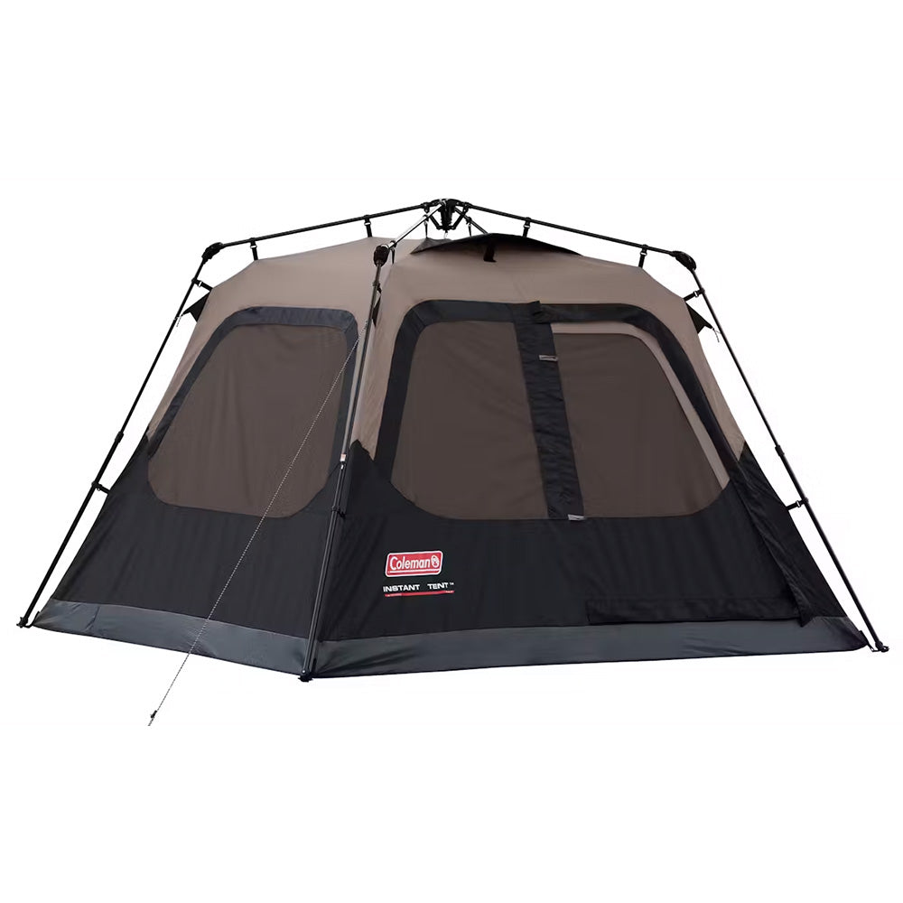 Coleman 4-person cabin camping tent in black with instant setup, featuring mesh windows and durable fabric for outdoor camping.