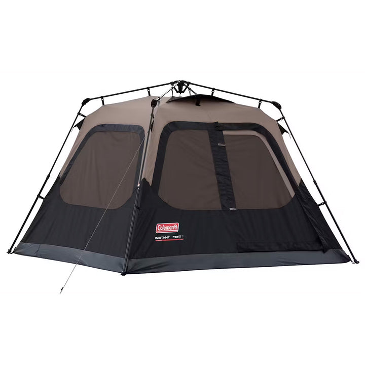 Coleman 4-person cabin camping tent in black with instant setup, featuring mesh windows and durable fabric for outdoor camping.