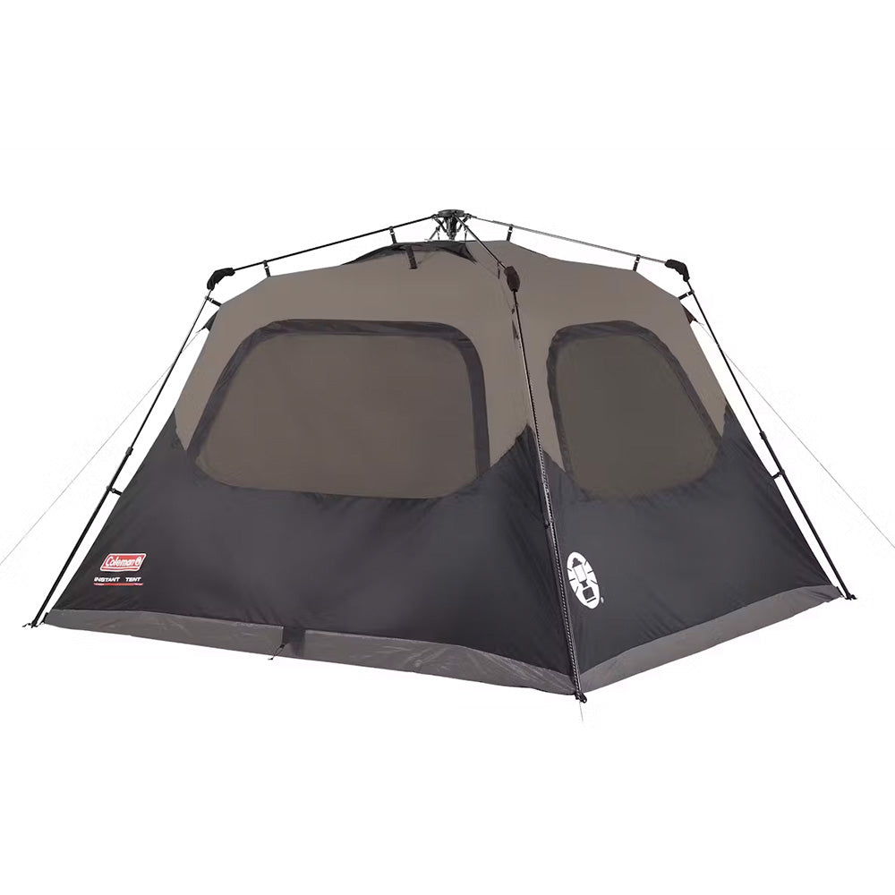 Coleman 4-person cabin camping tent in black, featuring instant setup and durable fabric for outdoor camping use.