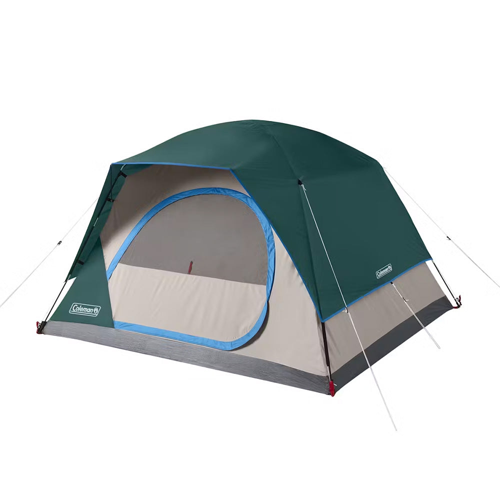 Coleman 4-Person Skydome Camping Tent in evergreen color, with rainfly and mesh windows for outdoor camping adventures.