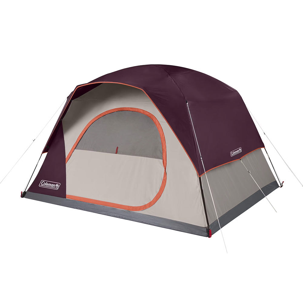 Coleman 6-Person Skydome Camping Tent in Blackberry color, shown set up with entrance and mesh windows.