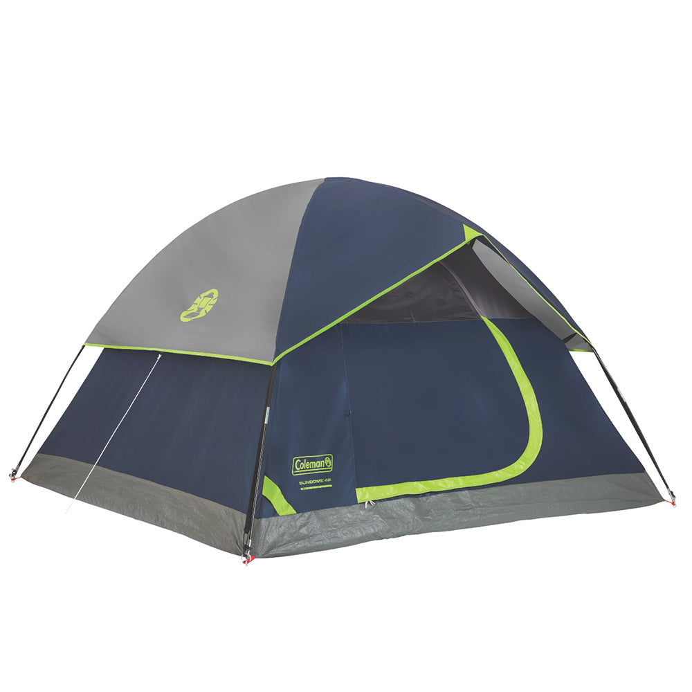 Coleman Sundome 4-Person Camping Tent in navy color, with waterproof fabric and mesh windows for outdoor camping.