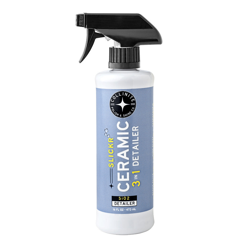 Collinite SLICKR 3-In-1 Ceramic Detailer for cleaning and polishing vehicles, featuring a spray bottle with a clear liquid solution.