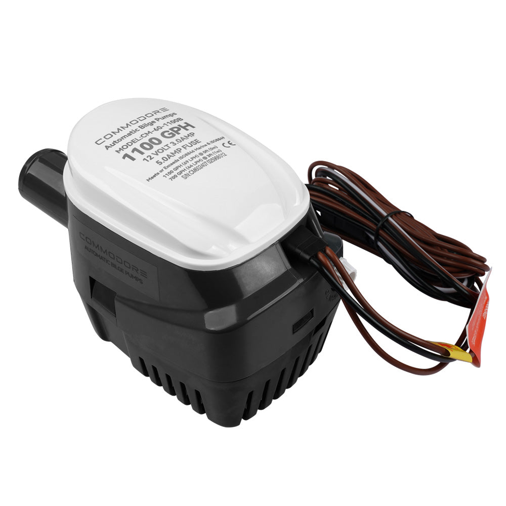 Commodore 1100 GPH 60 Series 12V automatic bilge pump for boats, featuring durable construction and reliable water removal.