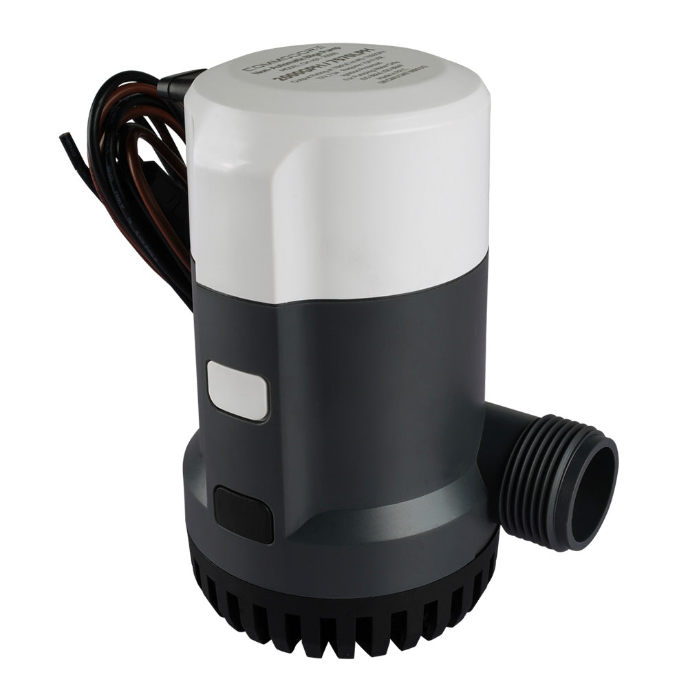 Commodore 2000 GPH 12V non-automatic bilge pump for boat bilge water removal, shown in a close-up view.