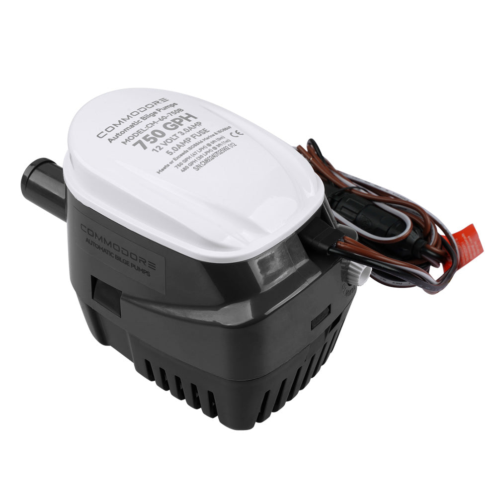 Commodore 750 GPH 60 Series 12V automatic bilge pump with black casing and inlet/outlet fittings for marine bilge water removal.