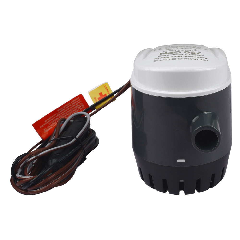 Commodore 750 GPH 60 Series automatic 12V bilge pump with compact design and durable construction for boat bilge water removal.
