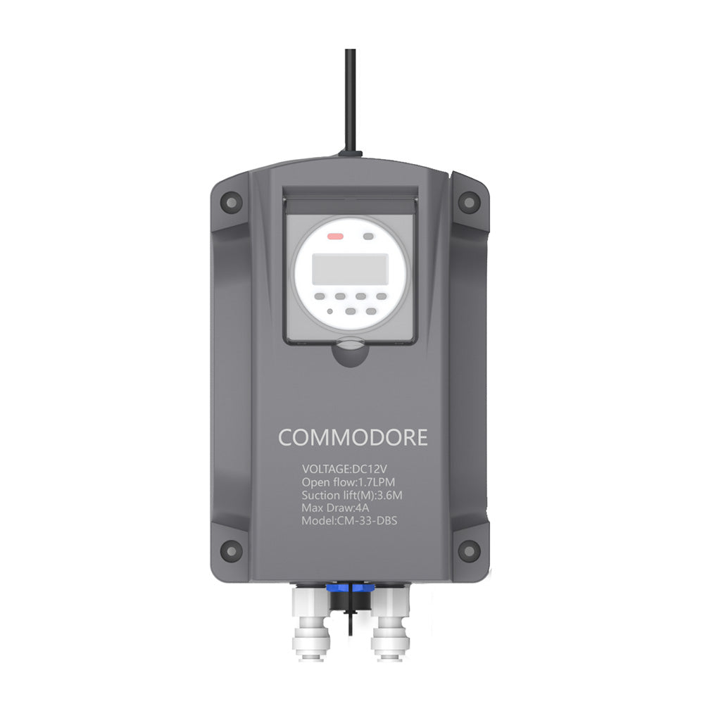Commodore Dry Bilge System 3.0 GPM bilge pump showing compact design and inlet/outlet ports for marine bilge water removal.