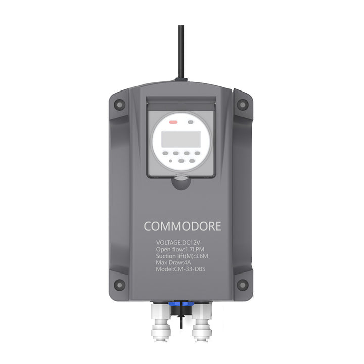Commodore Dry Bilge System 3.0 GPM bilge pump showing compact design and inlet/outlet ports for marine bilge water removal.