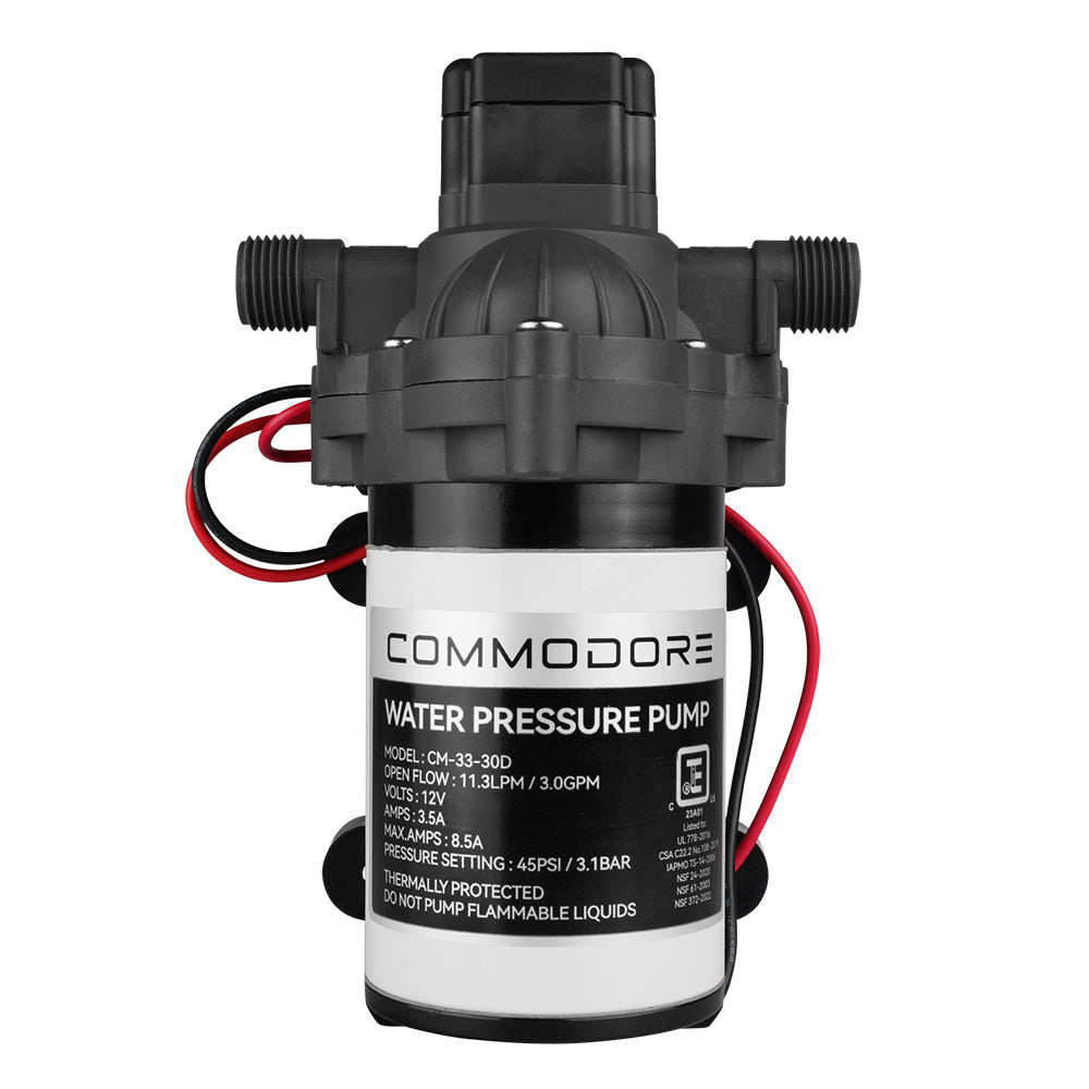 Commodore 3.0 GPM 12V washdown water pump for pressure applications, featuring durable design and compact build