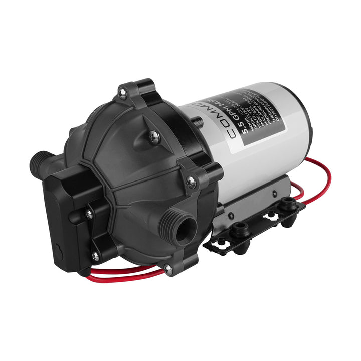 Commodore 5.5 GPM 12V washdown pressure pump with compact design and inlet/outlet fittings, ideal for water transfer and marine use.
