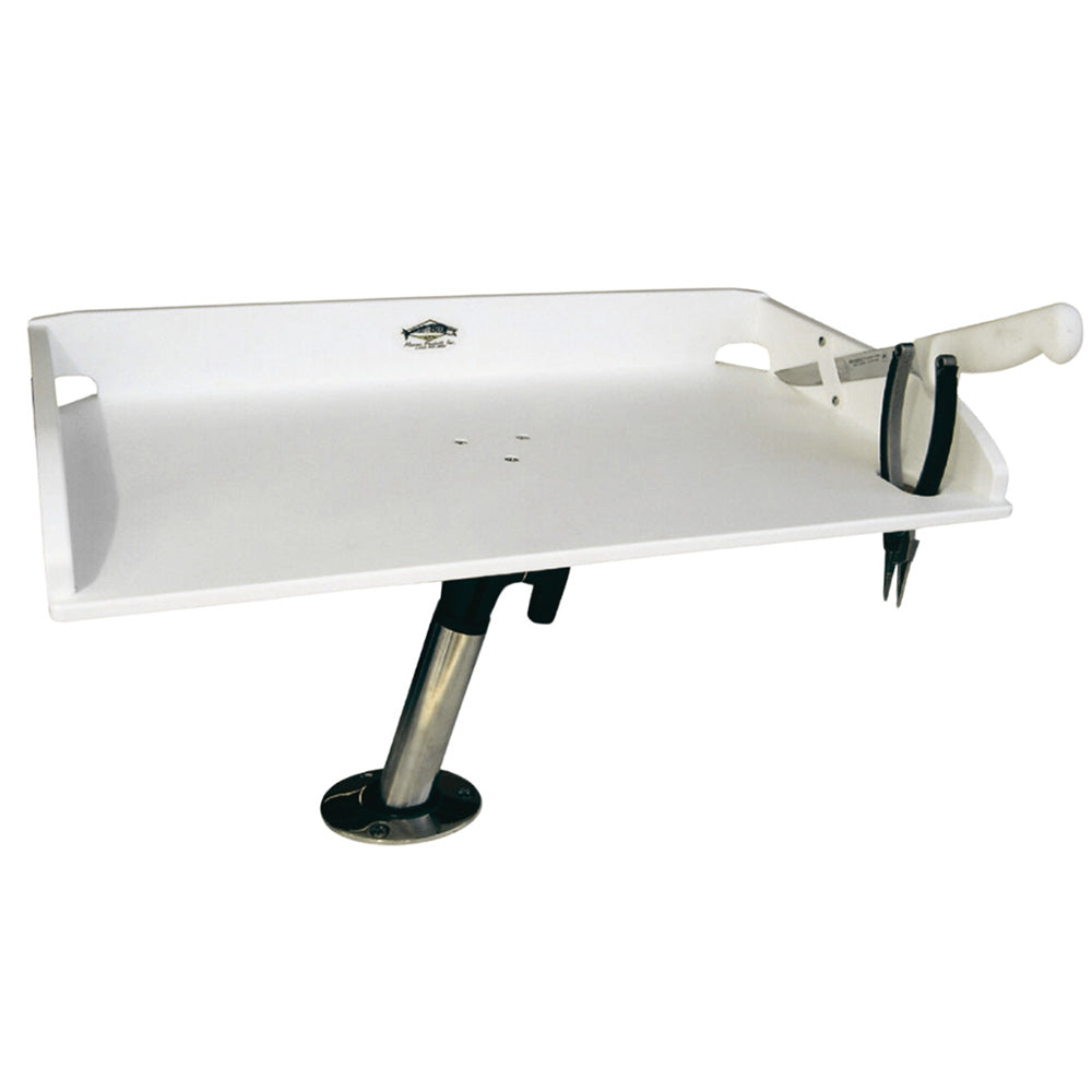 Deep Blue Marine 21 x 12-inch bait table and fillet board for fishing, made of durable marine-grade material.