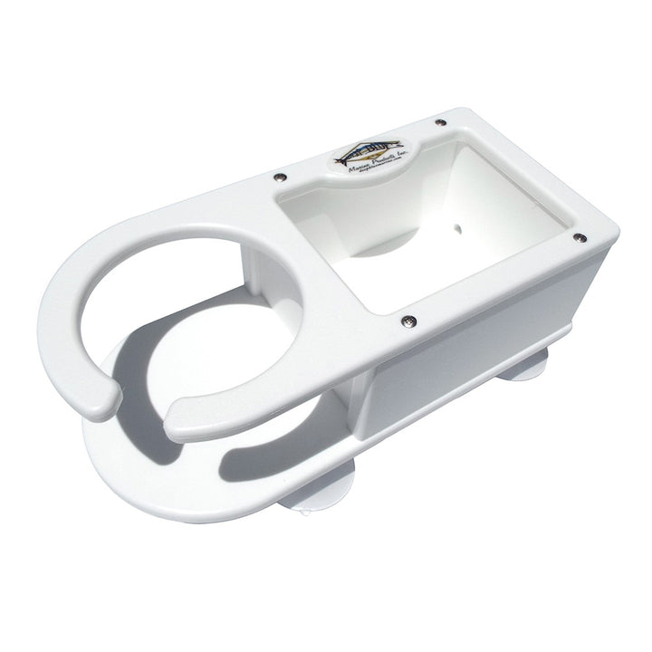Deep Blue Marine MB-1 single cup holder with storage for fishing accessories, mounted on a boat.