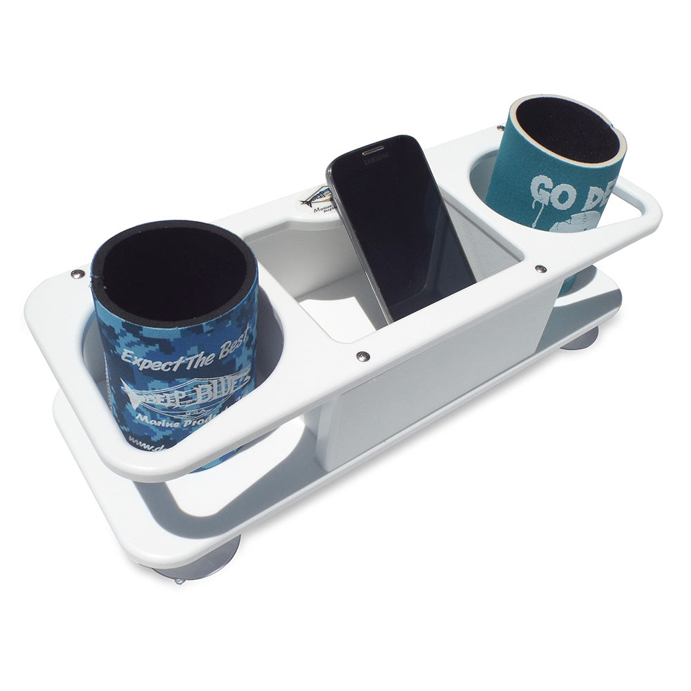 Deep Blue Marine MB-2 double cup holder with suction cups for fishing accessories, shown mounted on a boat surface.