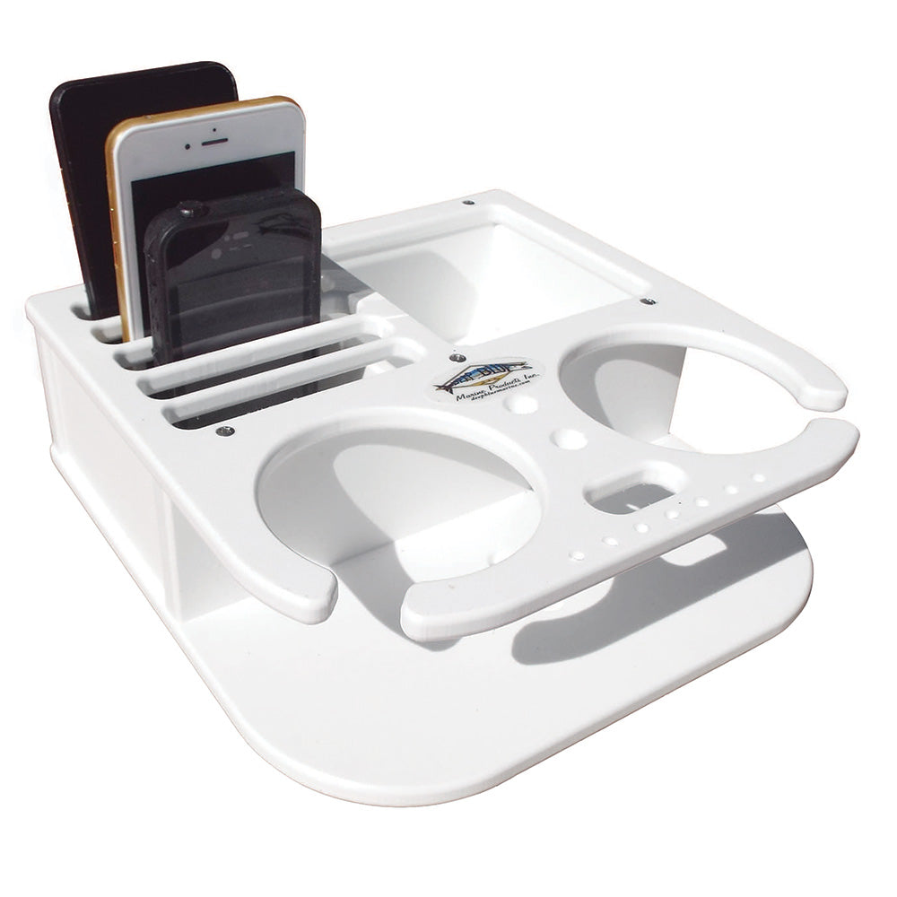 Deep Blue Marine fishing accessory with a double drink holder and phone holder, designed for boat or fishing trip use.