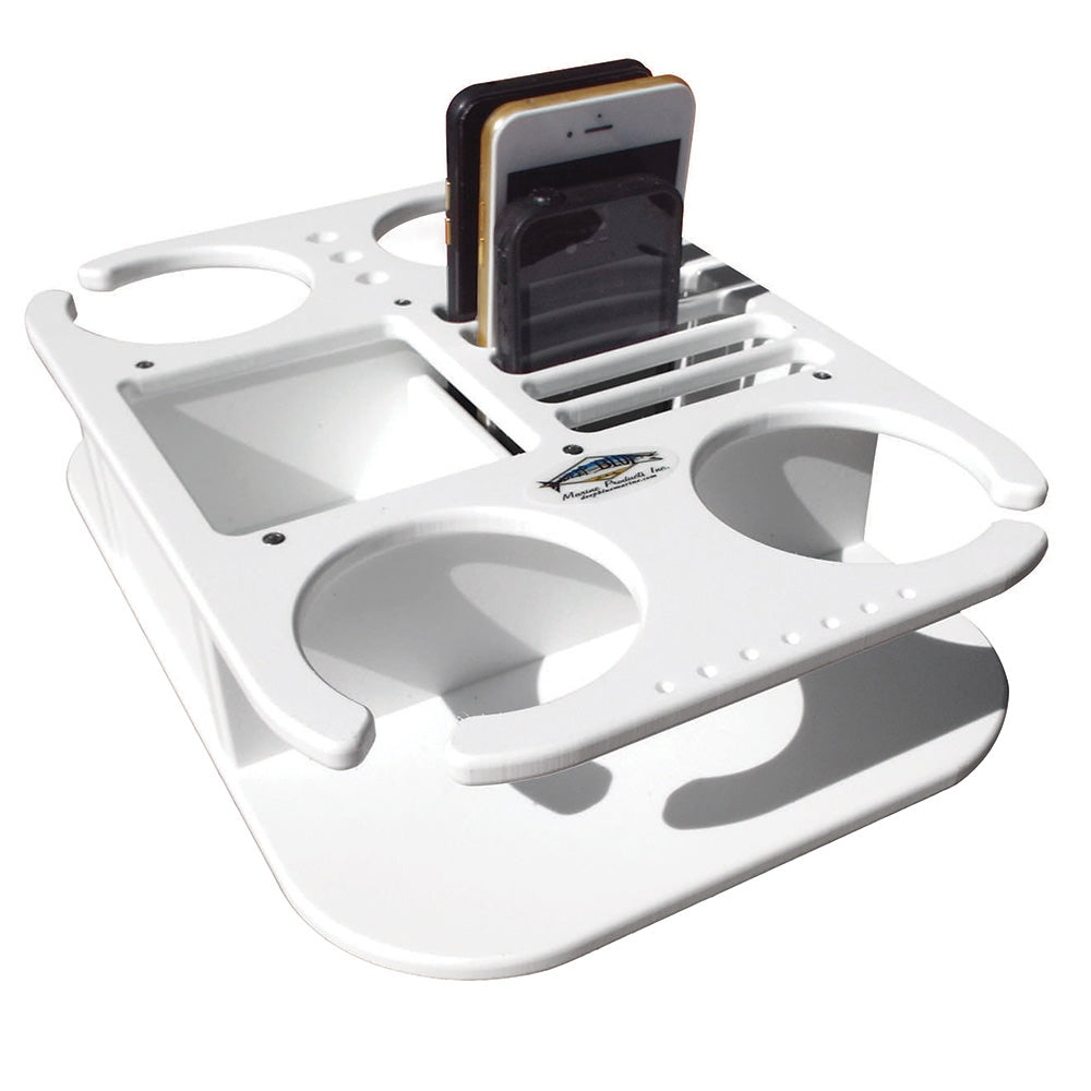 Deep Blue Marine fishing accessory: blue phone and drink holder with suction cups for boat or kayak use.