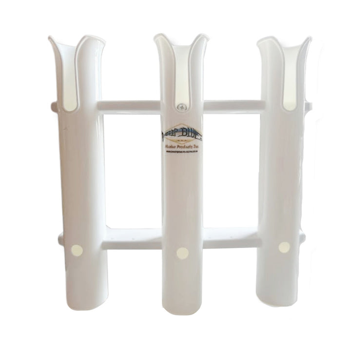 Deep Blue Marine RH-3 poly rod holders with plier and knife storage for fishing accessories, mounted on a boat or dock.