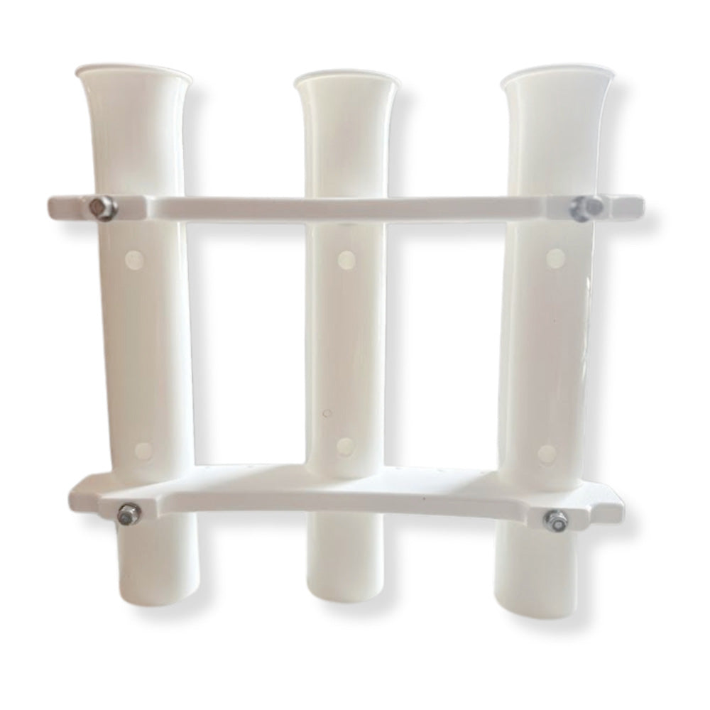 Deep Blue Marine RH-3 Poly Rod Holders with plier and knife storage for fishing accessories, mounted on boat deck.
