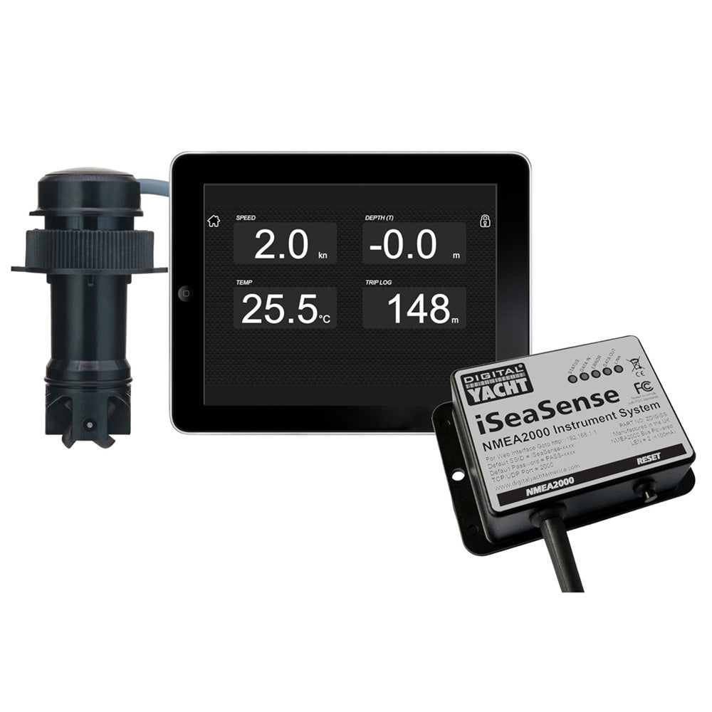 Digital Yacht iSeaSense wireless instruments pack showing speed, depth, and temperature gauges on a boat display screen.