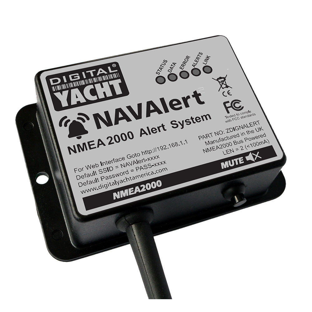 Digital Yacht NavAlert NMEA monitor alarm system connected to marine network cables and modules for vessel navigation alerts.