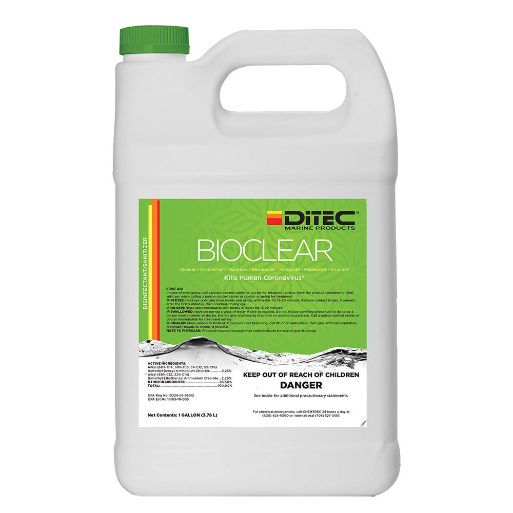 DiTEC Bioclear Disinfectant gallon container for cleaning, with label showing product details and brand DiTEC Marine Products.