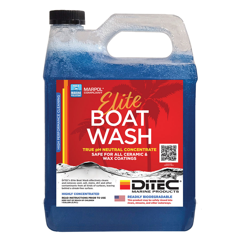 DiTEC Marine Products Elite Boat Wash gallon container for cleaning boats, featuring a white and blue label with product details.